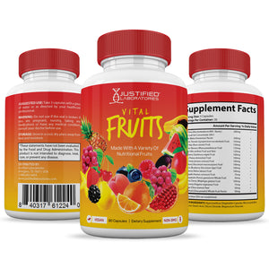 All sides of bottle of the Vital Fruits Nutritional Supplement
