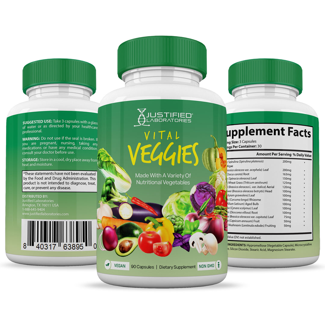 All sides of bottle of Vital Veggies Nutritional Supplement