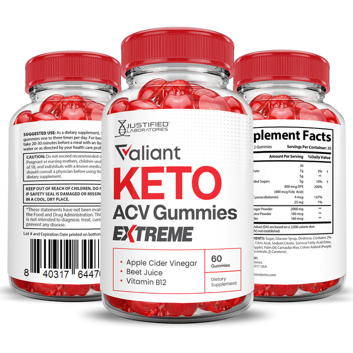 3 Sided of Bottle of Valiant Keto ACV Gummies Extreme 2000mg