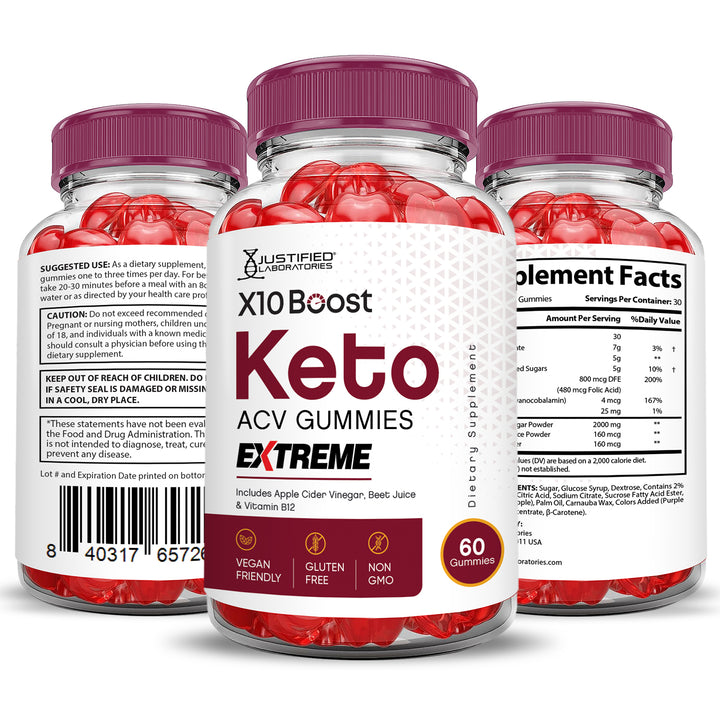 3 Sided of Bottle of X10 Boost Keto ACV Gummies Extreme 2000mg