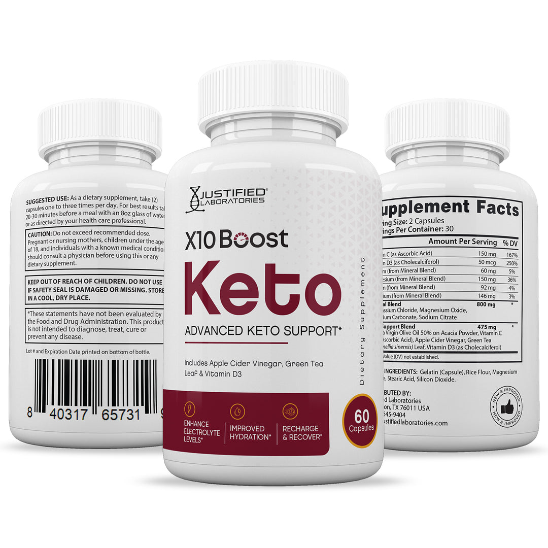 3 sides of bottle of X10 Boost Keto ACV Pills 1275MG