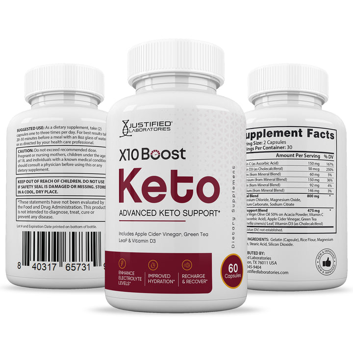 3 sides of bottle of X10 Boost Keto ACV Pills 1275MG