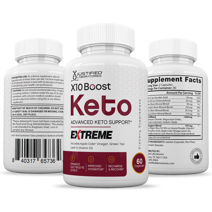 3 sides of bottle of X10 Boost Keto ACV Extreme Pills 1675MG