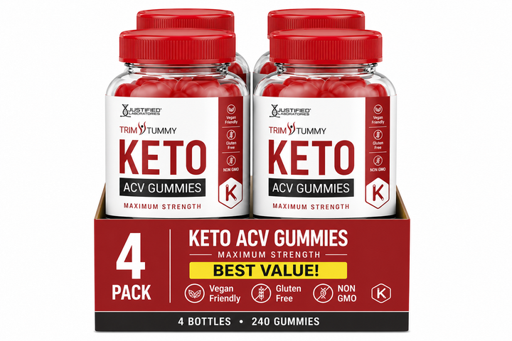 Four bottles of Keto ACV Gummies with red lids on a white background