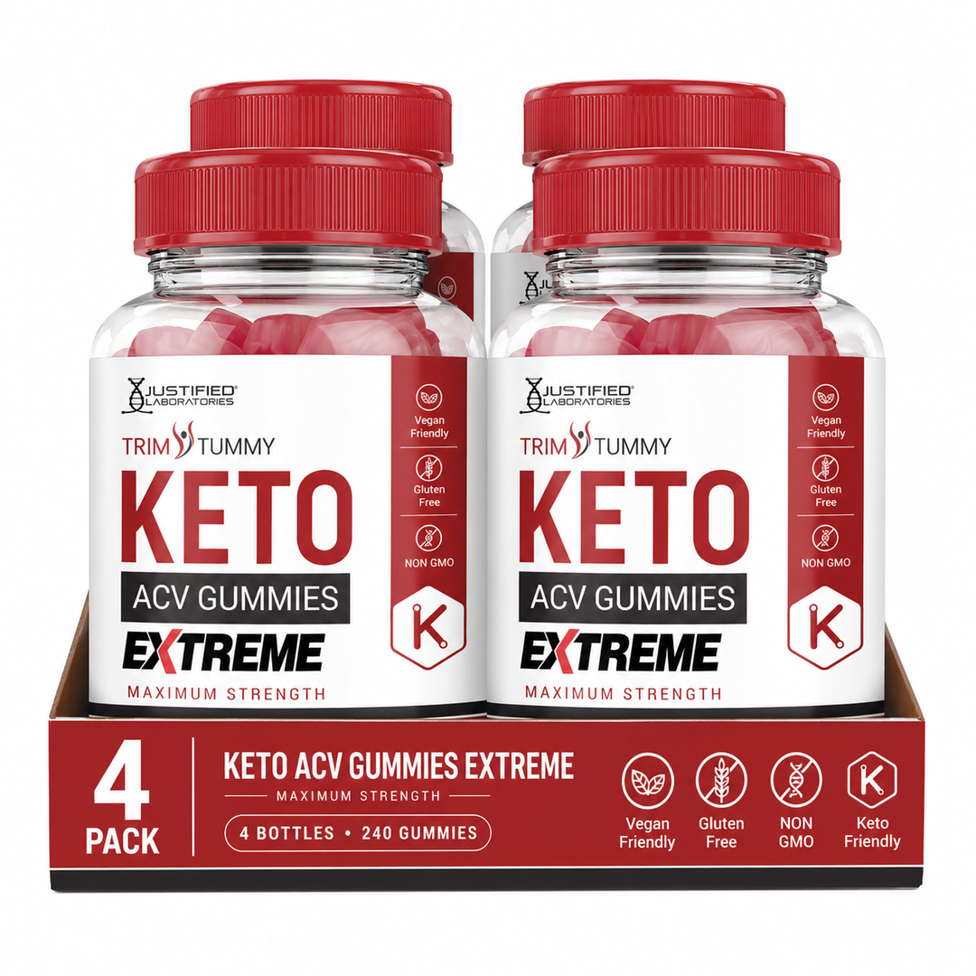 Four bottles of Keto ACV Gummies Extreme with red lids on a white background.