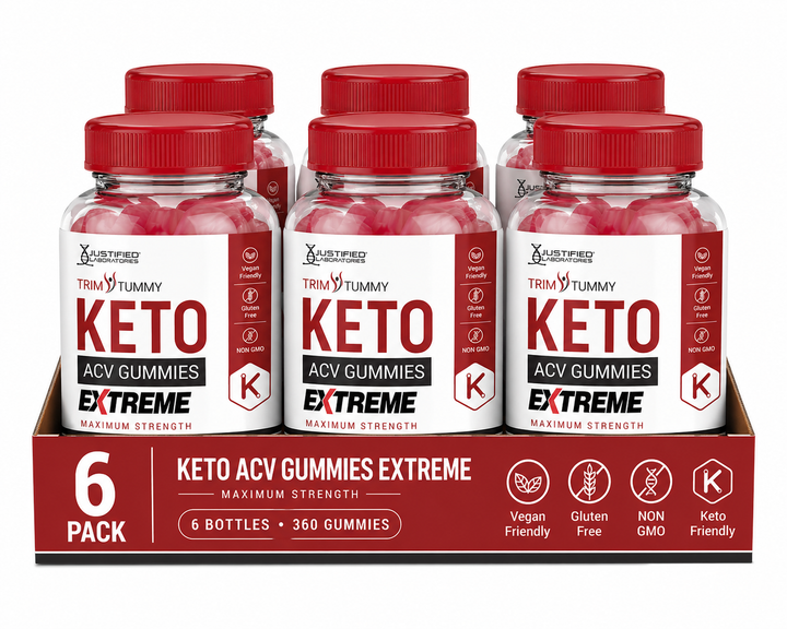 6-pack of Keto ACV Gummies Extreme with red and white packaging.