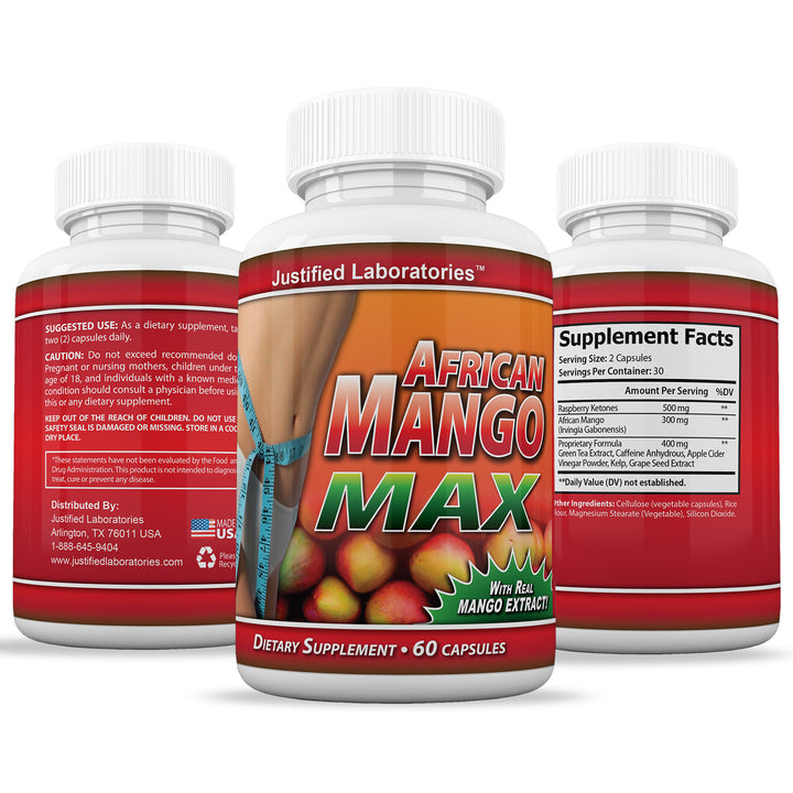 All sides of bottle of the African Mango Max 1200 mg Extract Irvingia Gabonensis All Natural 60 Capsules