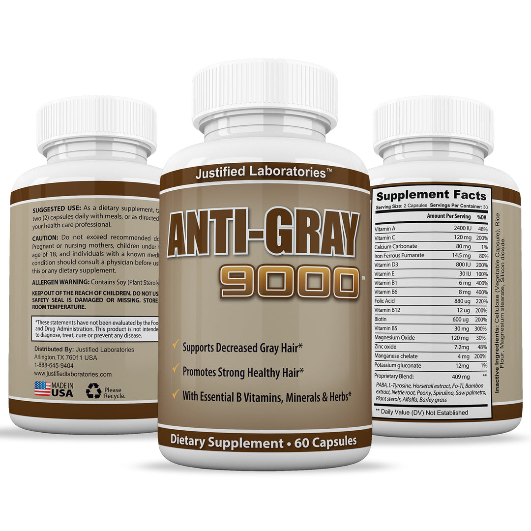 All sides of bottle of the Anti Gray Hair 9000 Assist In Restoring Natural Hair Color and Helps Reduce Gray Hair 60 Capsules