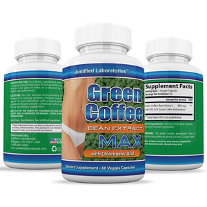 All sides of bottle of the Pure Green Coffee Bean Extract 800mg 50% Chlorogenic Acid 60 Capsules