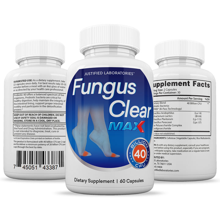 All sides of bottle of the 3 X Stronger Fungus Clear Max 40 Billion CFU Probiotic Pills