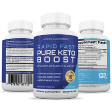 Load image into Gallery viewer, All sides of bottle of the Rapid Fast Pure Keto Boost Ketogenic Supplement Includes goBHB Exogenous Ketones Premium Ketosis Support 60 Capsules