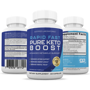 All sides of bottle of the Rapid Fast Pure Keto Boost Ketogenic Supplement Includes goBHB Exogenous Ketones Premium Ketosis Support 60 Capsules