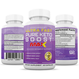 All sides of bottle of the Ultra Fast Pure Keto Boost MAX 1200MG Advanced BHB Ketogenic Exogenous Ketones 60 Capsules