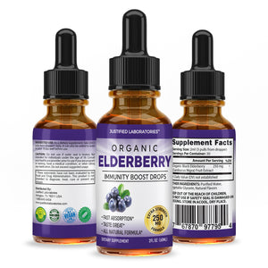 All sides of Organic Elderberry Drops Liquid Extract Daily Immune System Support 250MG Sambucus Nigra for Kids & Adults