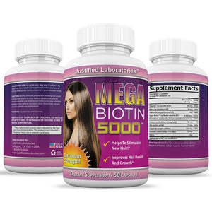 All sides of bottle of the Mega Biotin 5000 Stimulate New Hair Nail Growth Maximum Strength B7 60 Pills
