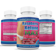 Load image into Gallery viewer, All sides of bottle of the Raspberry Ketone Max 1200mg Proprietary Formula 60 Capsules